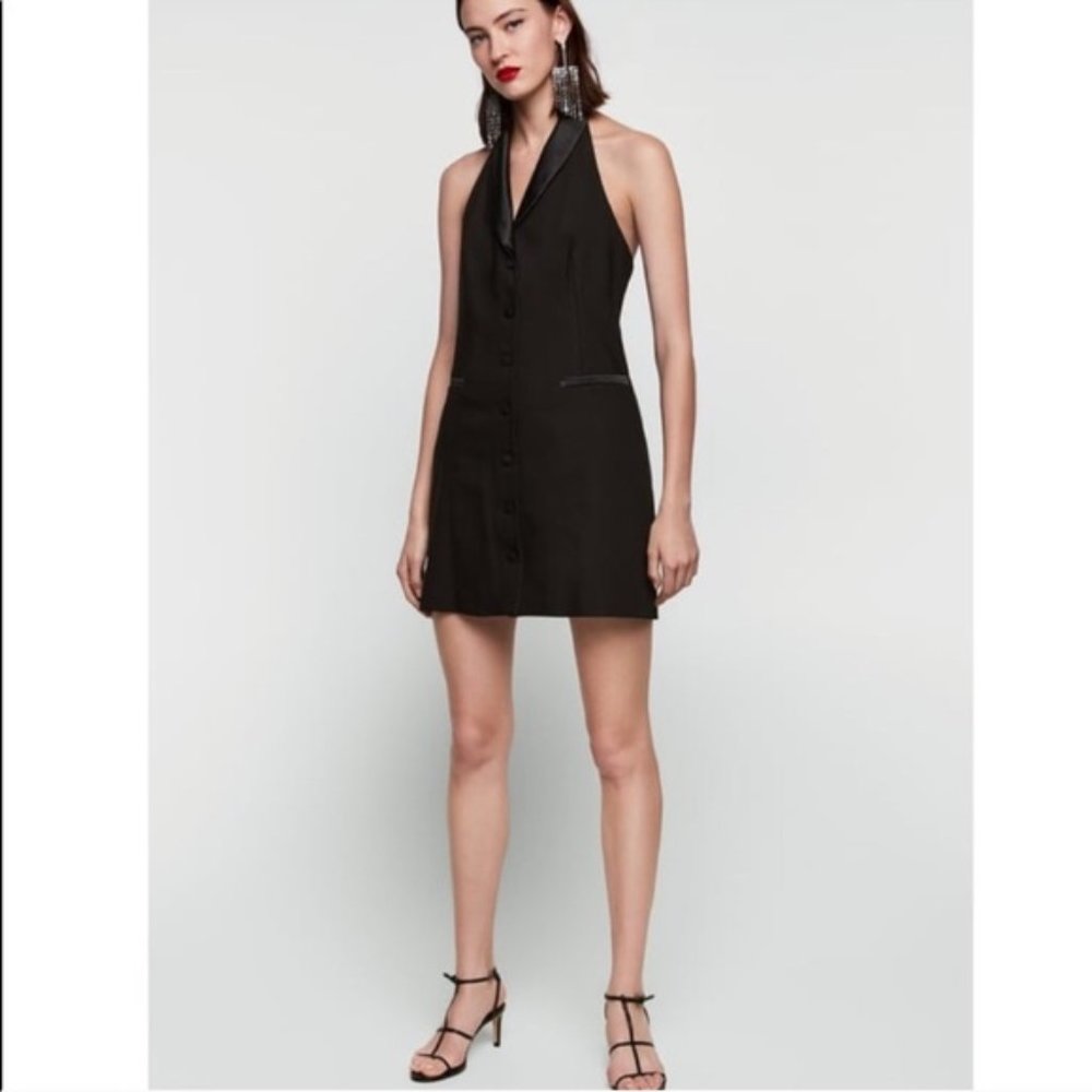 Zara Tuxedo Shawl Collar Halter Neck Satin Dress